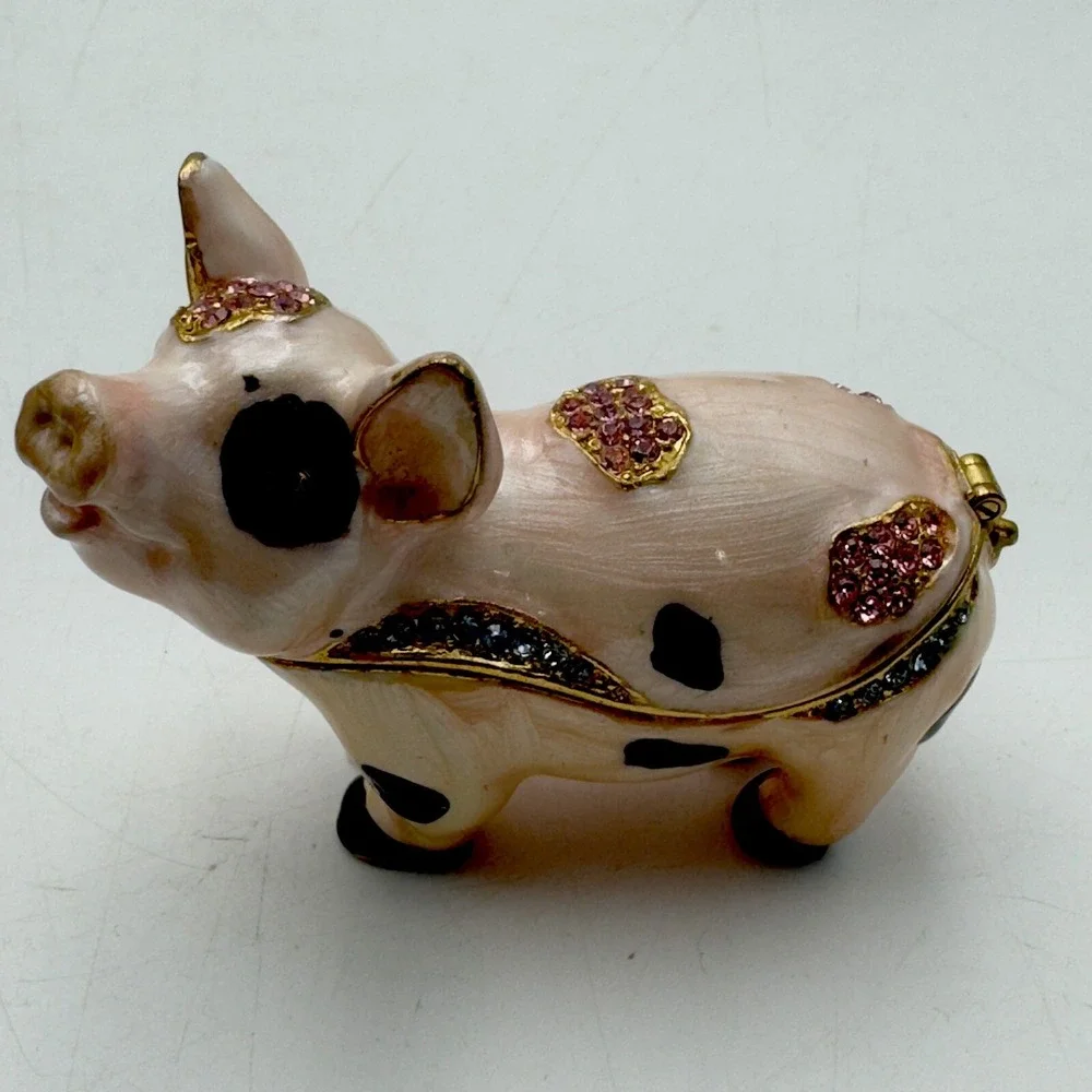 Bejeweled Enameled Pewter Spotted Pig Trinket Box With Crystals Pink Black